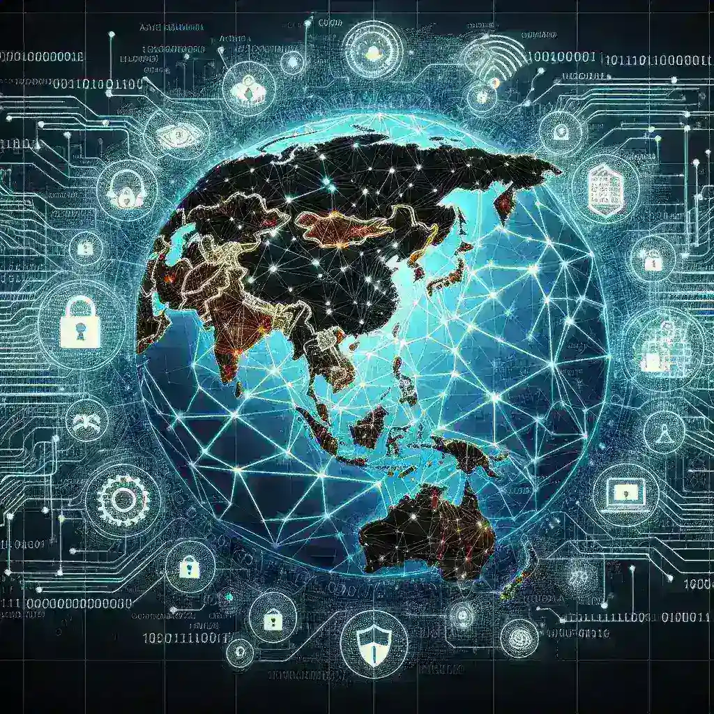 "Infografis menunjukkan tren terbaru dalam cybersecurity di Asia Pasifik, termasuk Indonesia, dengan fokus pada perkembangan teknologi, ancaman siber, dan strategi perlindungan data."