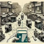 "Ilustrasi aplikasi navigasi untuk ojek dan bajaj yang menunjukkan rute di gang-gang sempit perkotaan, membantu pengemudi menemukan jalan terbaik dan menghindari kemacetan."