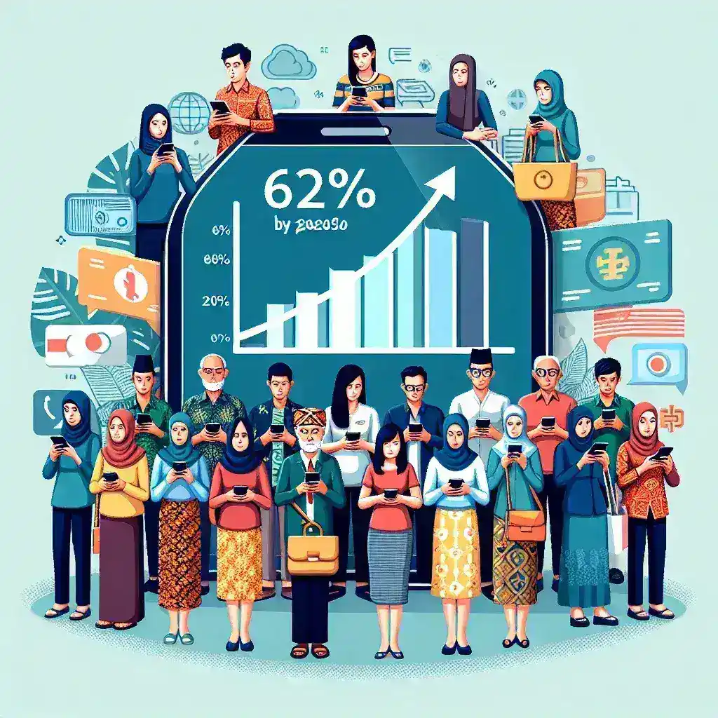 "Infografis menunjukkan kenaikan 62% pengguna aplikasi pembayaran digital di Indonesia menjelang 2025, menyoroti tren pertumbuhan teknologi keuangan di Asia Tenggara."