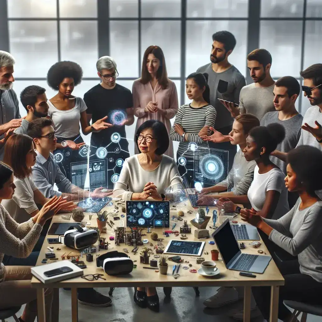 "Seorang mentor membantu mentee dalam memahami konsep teknologi terbaru, menggambarkan pentingnya mentorship dalam dunia teknologi."