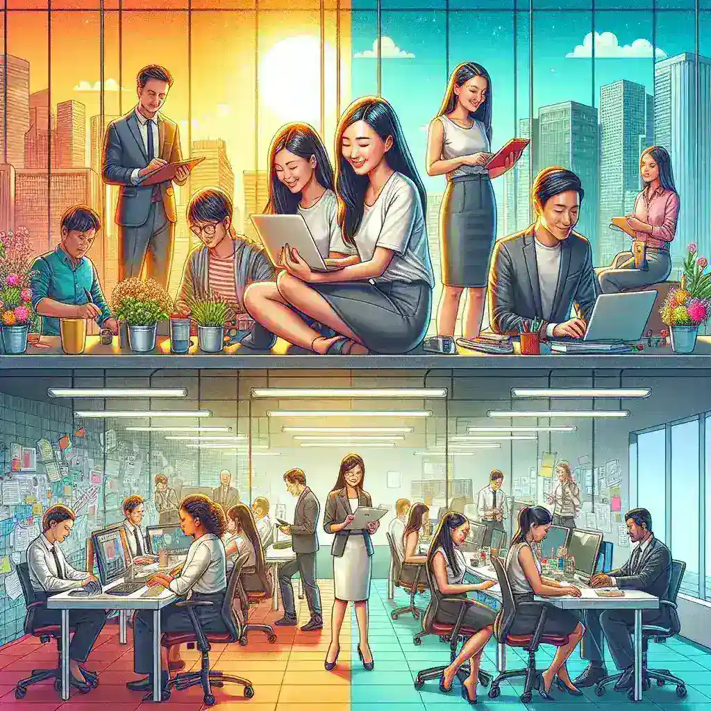 "Ilustrasi perbandingan lingkungan kerja antara startup dan perusahaan korporat, menampilkan suasana kerja yang dinamis dan inovatif di startup, dibandingkan dengan struktur formal dan terorganisir di perusahaan korporat."