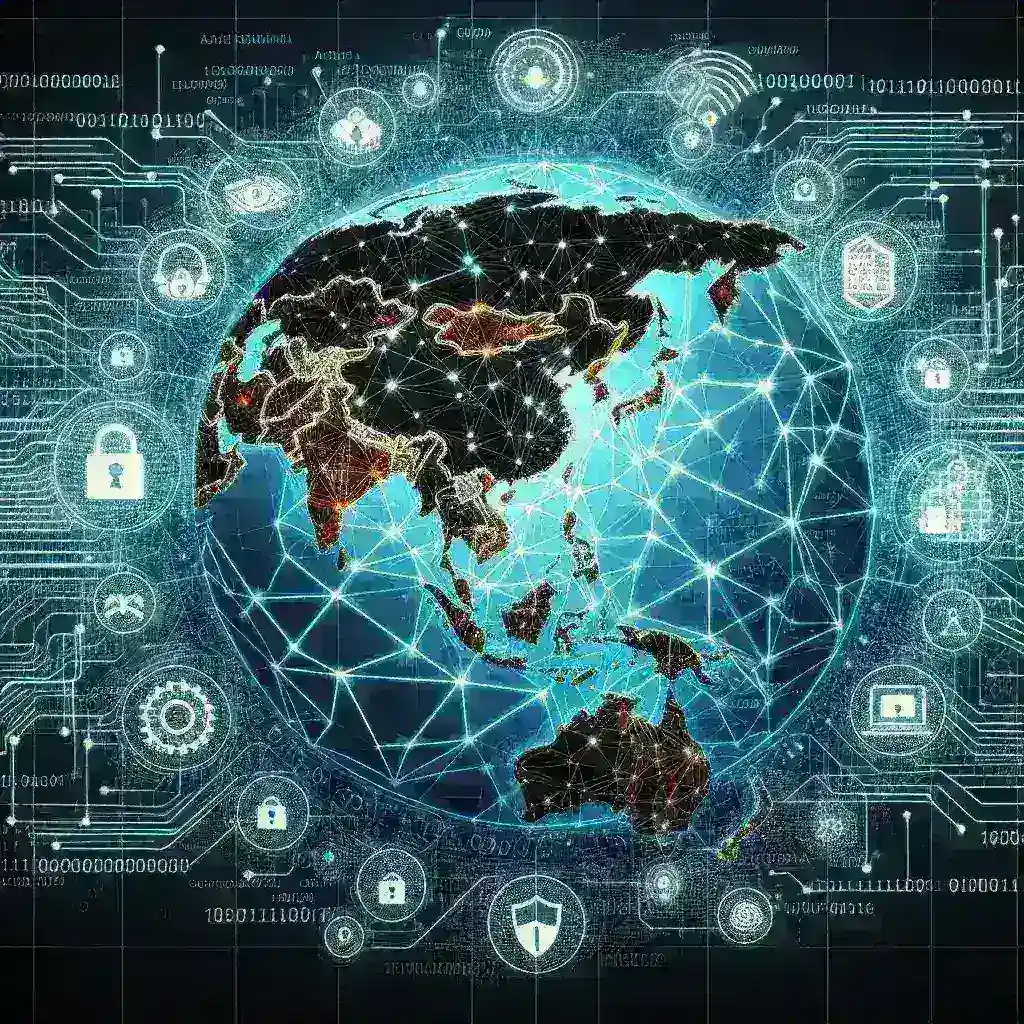 "Infografis menunjukkan tren terbaru dalam cybersecurity di Asia Pasifik, termasuk Indonesia, dengan fokus pada perkembangan teknologi, ancaman siber, dan strategi perlindungan data."