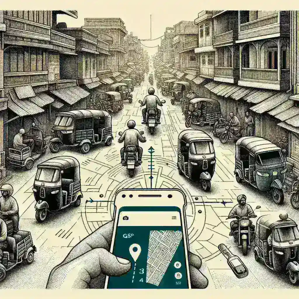 "Ilustrasi aplikasi navigasi untuk ojek dan bajaj yang menunjukkan rute di gang-gang sempit perkotaan, membantu pengemudi menemukan jalan terbaik dan menghindari kemacetan."