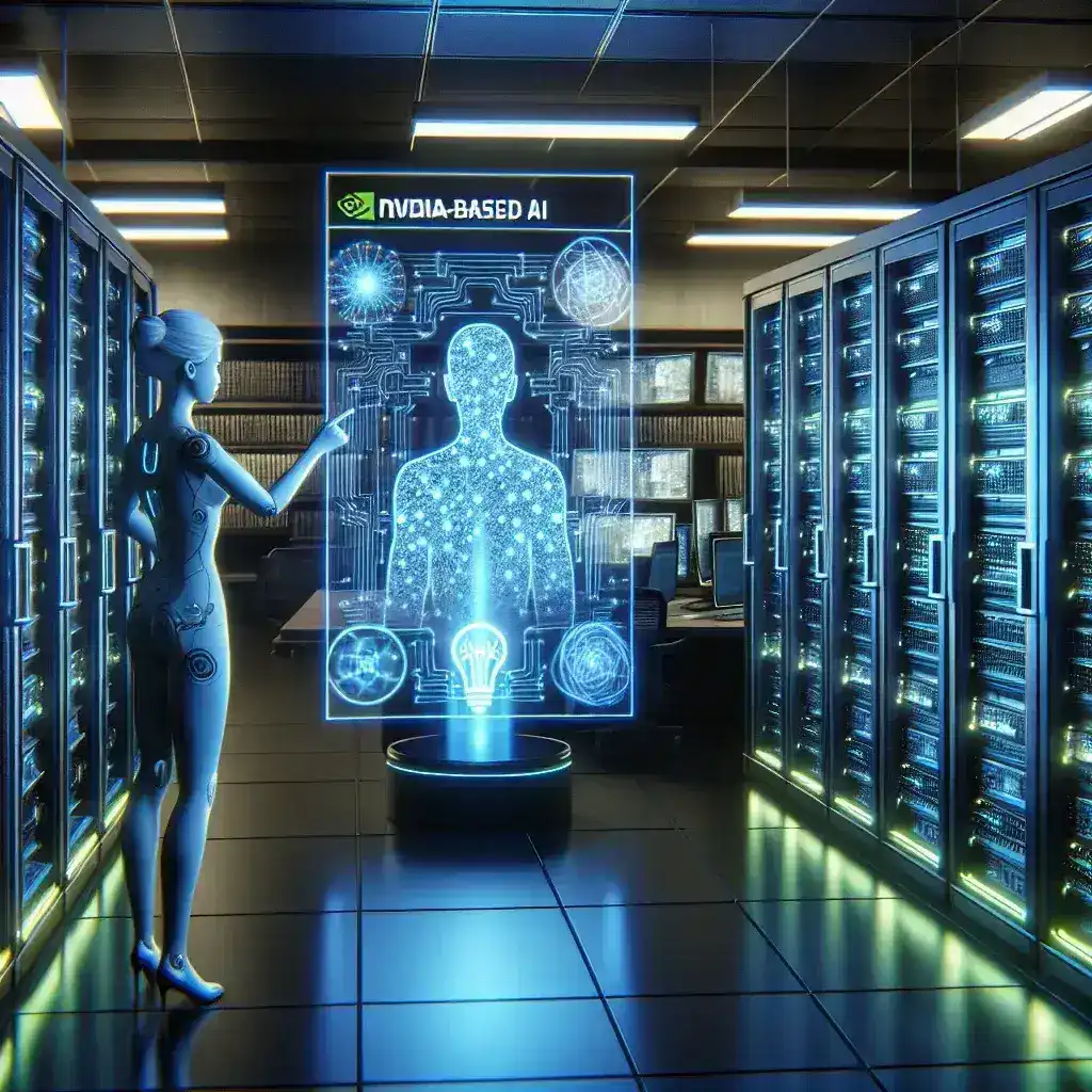 "Ilustrasi server AI Nvidia yang digunakan dalam adopsi perusahaan, menampilkan komponen teknologi mutakhir untuk pemrosesan data yang efisien."