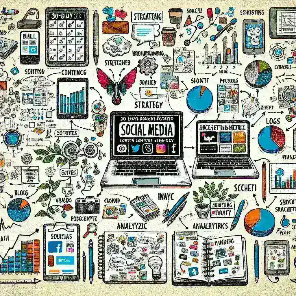 "Strategi konten media sosial efektiv selama 30 hari: Gambar ilustrasi menunjukkan kalender dengan rencana konten dan alat pemasaran digital, mencerminkan tips dan langkah-langkah untuk mengelola media sosial secara efektif."