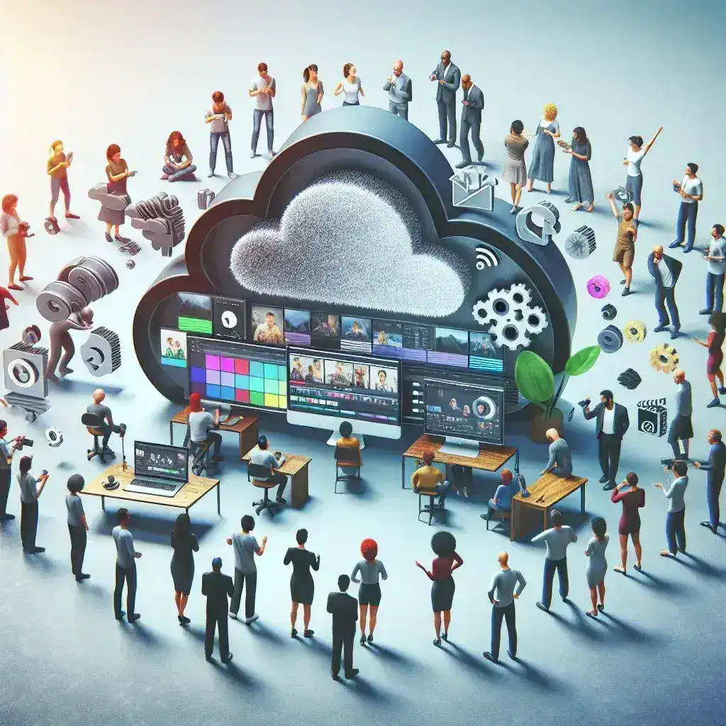 "Video editor cloud TikTok dengan fitur kolaborasi real-time, menampilkan antarmuka pengguna yang inovatif dan alat pengeditan canggih untuk menciptakan konten menarik."